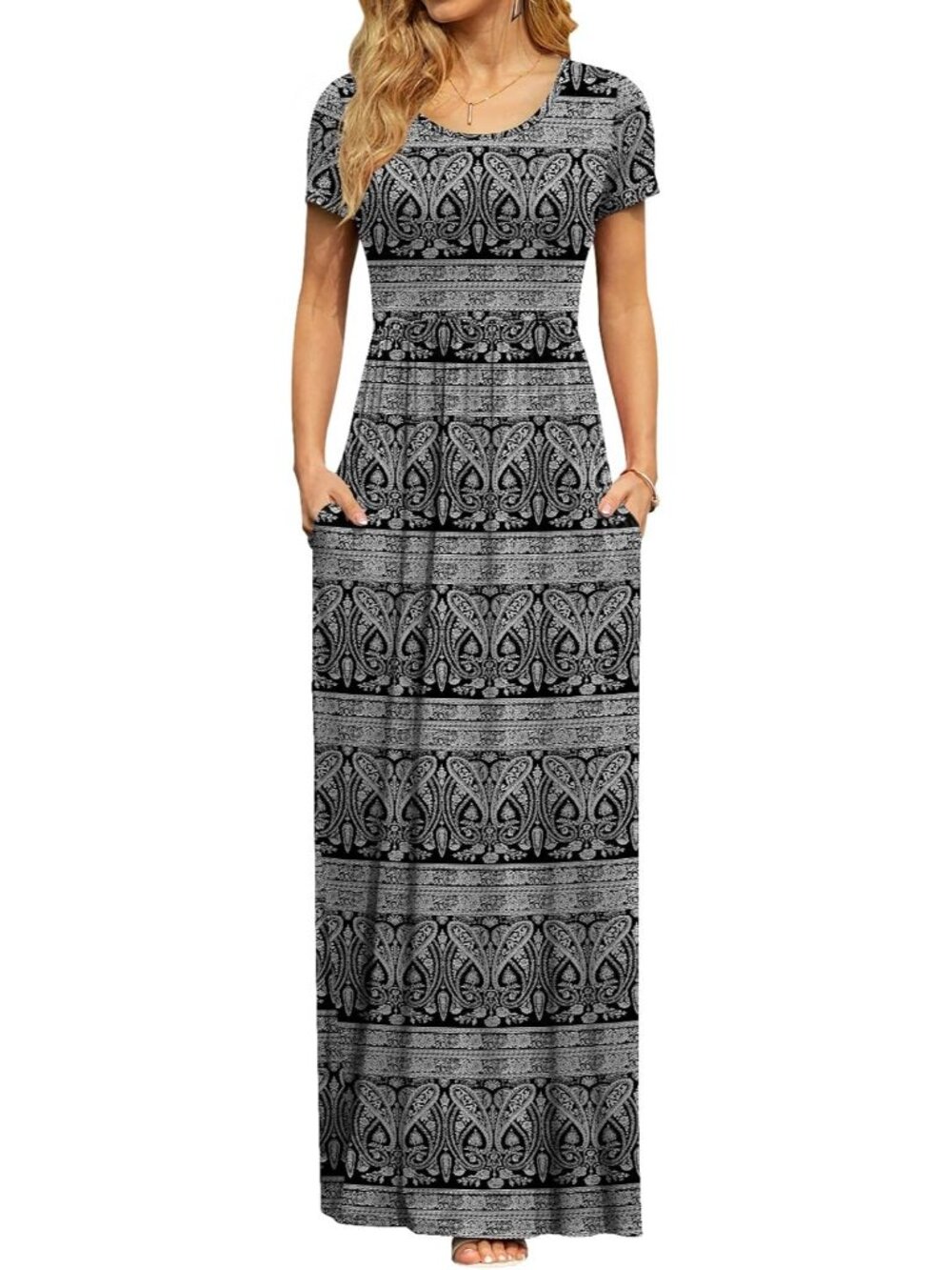 〽️Black Floral Womens Summer Maxi Dress Short Sleeve Empire Waist Pockets Fit